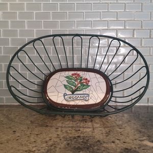 3 for$15 Green Oval 13"Metal Basket With Hand Painted Ceramic Tile Featuring